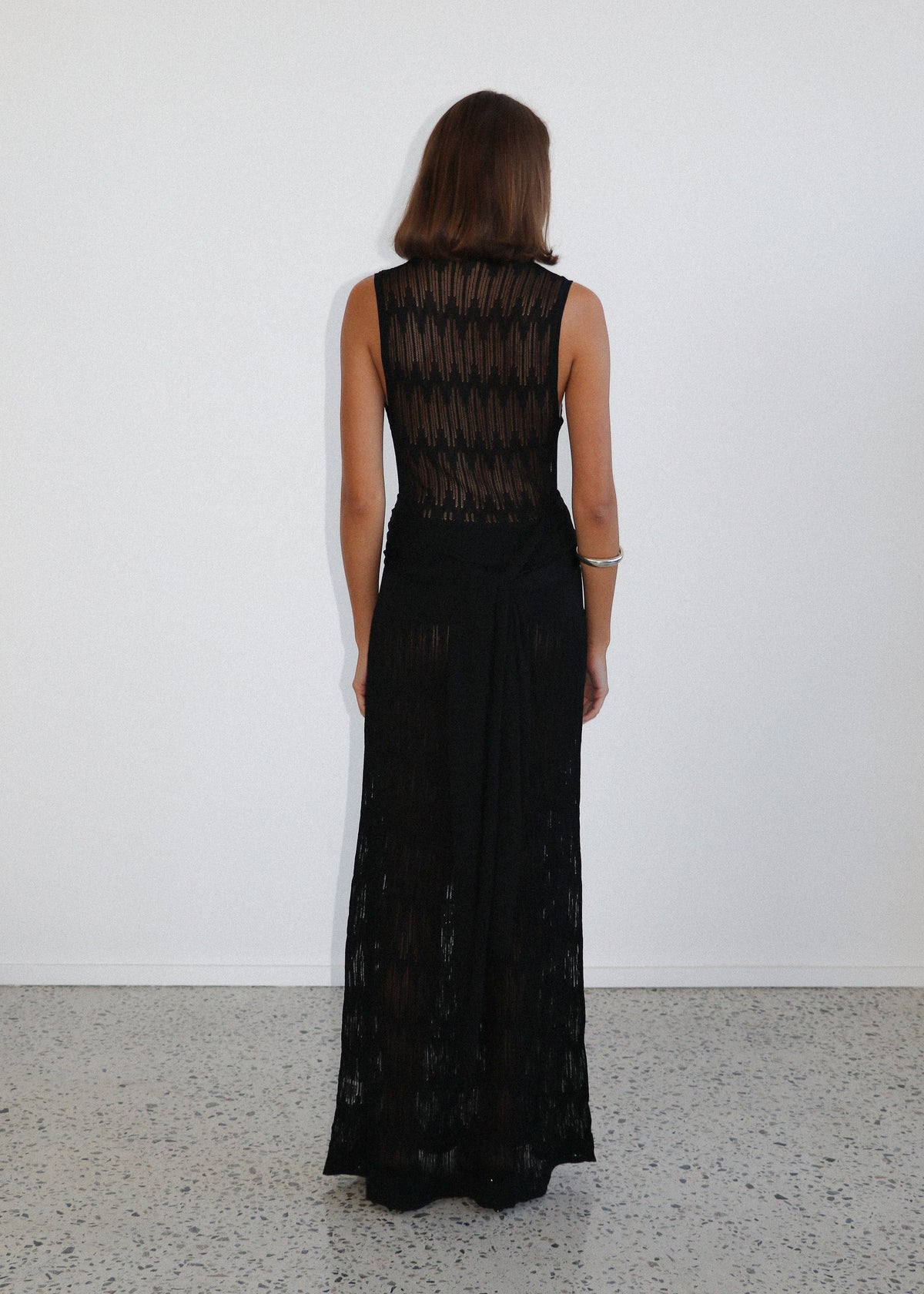 Plunge Pointelle Knit Dress Black Back
