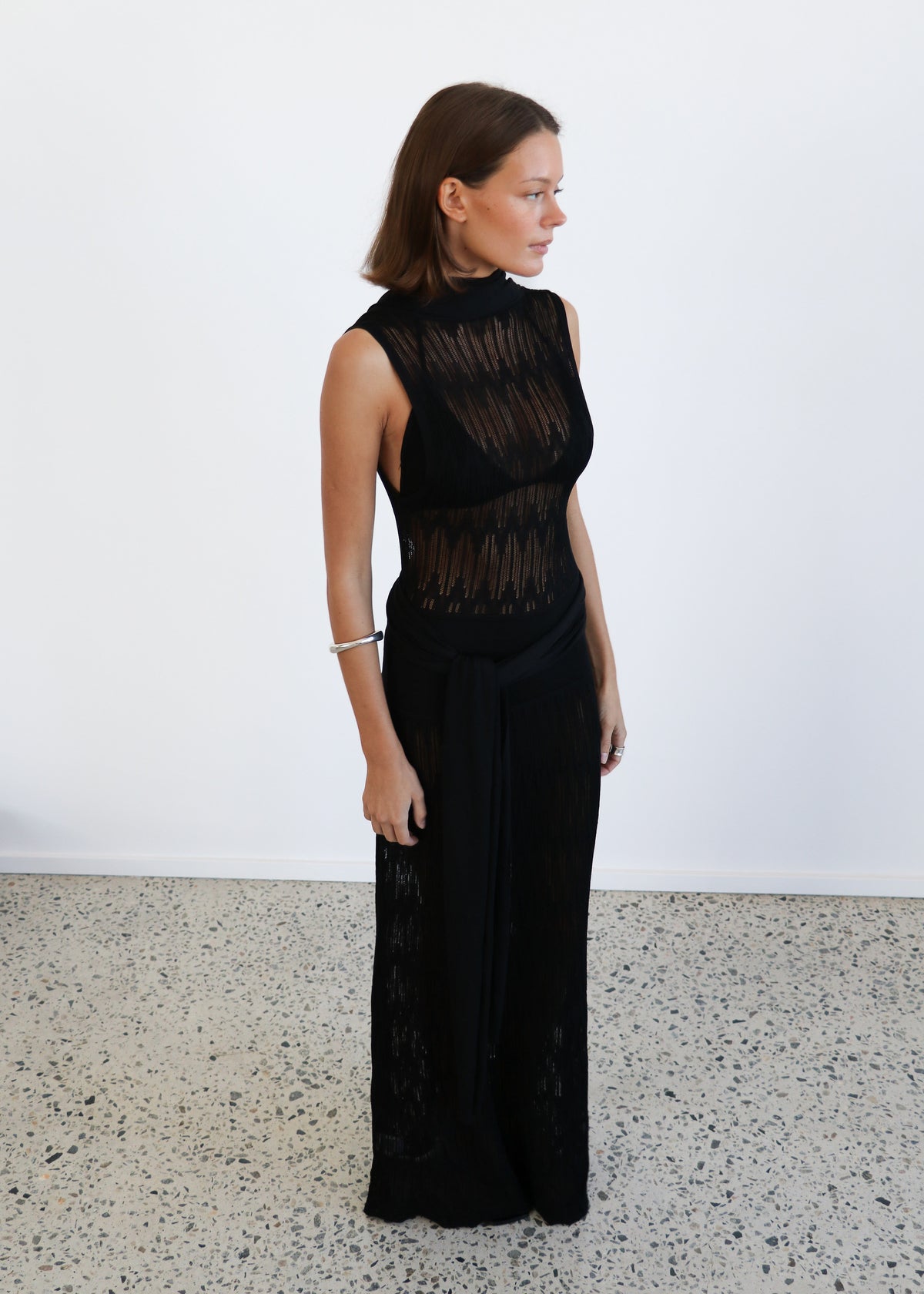 Plunge Pointelle Knit Dress Black Front