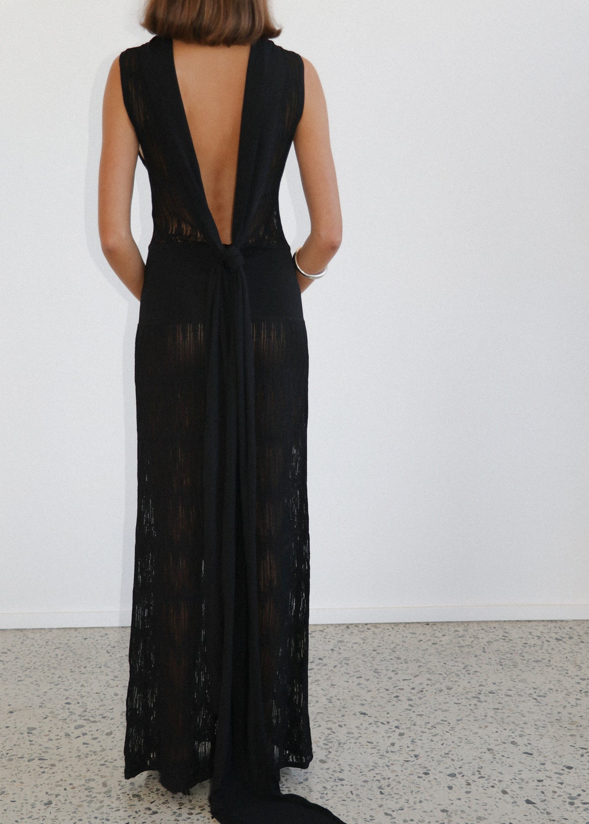 Plunge Pointelle Knit Dress Black Back