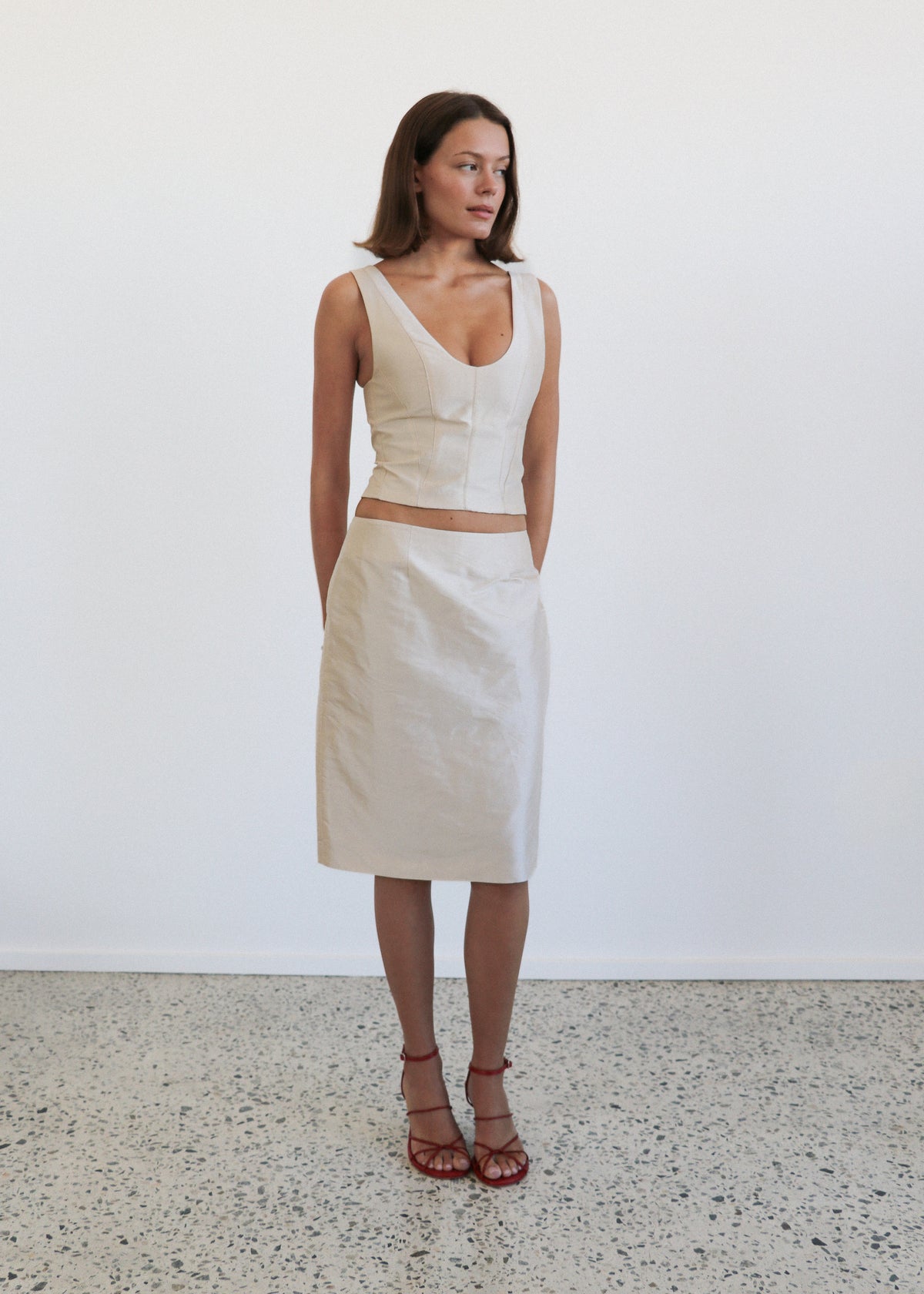 Silk Dupion Midi Skirt Oyster