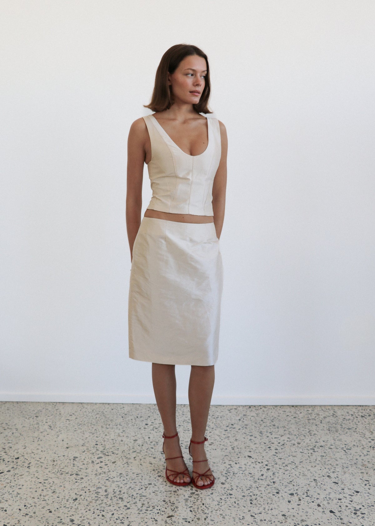 Silk Dupion Midi Skirt Oyster